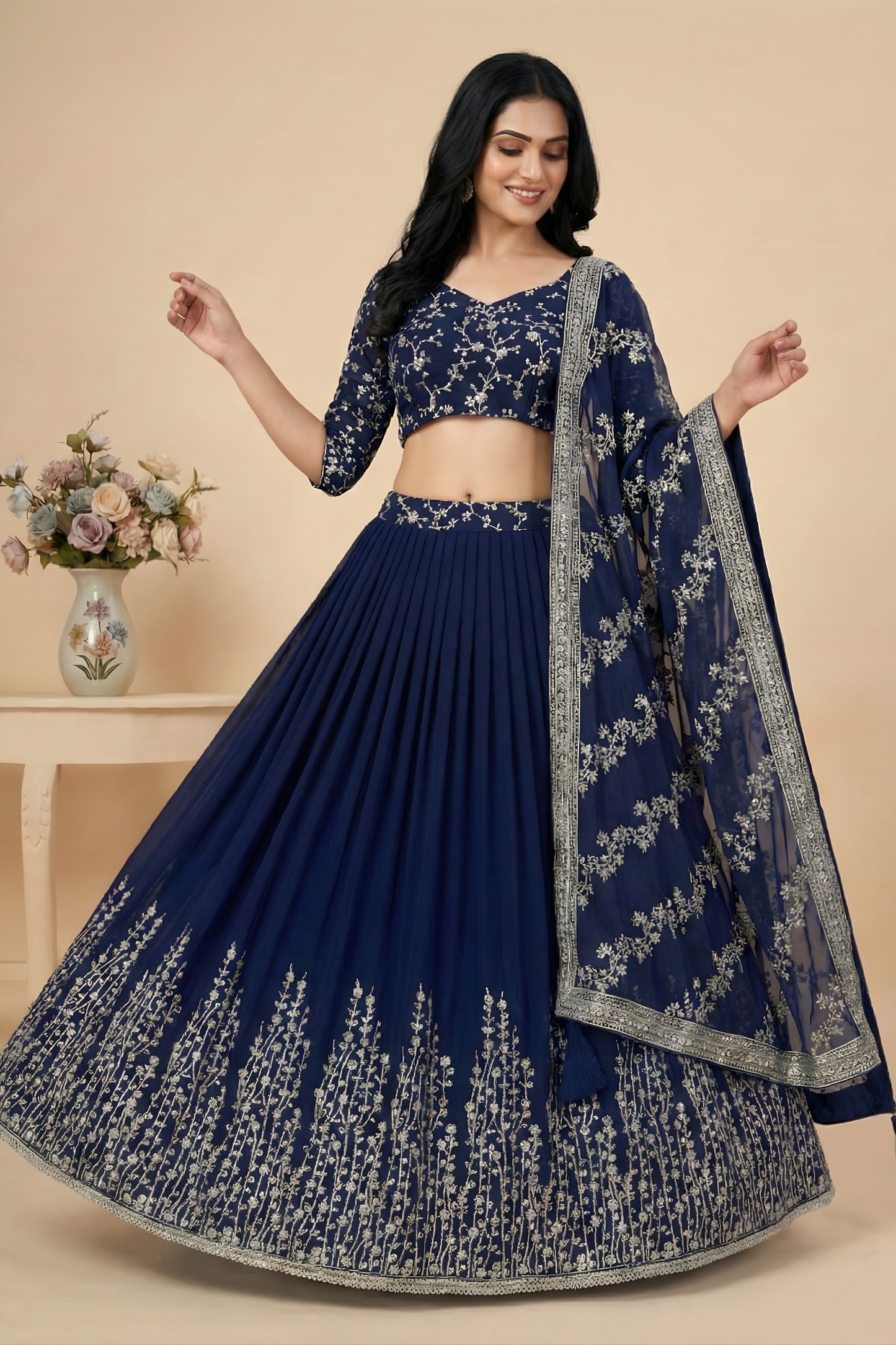 Royal Navy Blue Faux Georgette Embroidered Lehenga Choli with Dupatta for Wedding