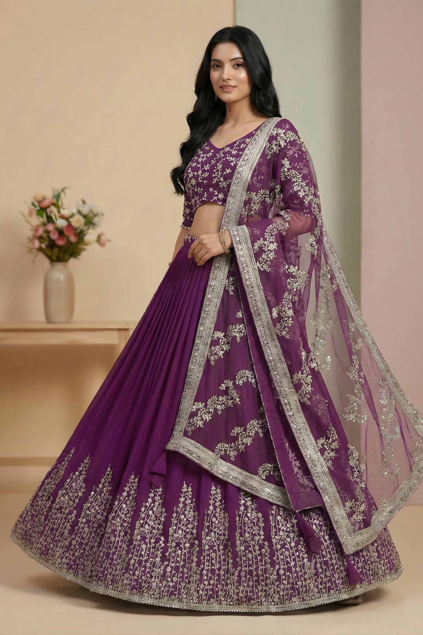 Stylish Purple Faux Georgette Embroidered Lehenga Choli with Dupatta for Wedding