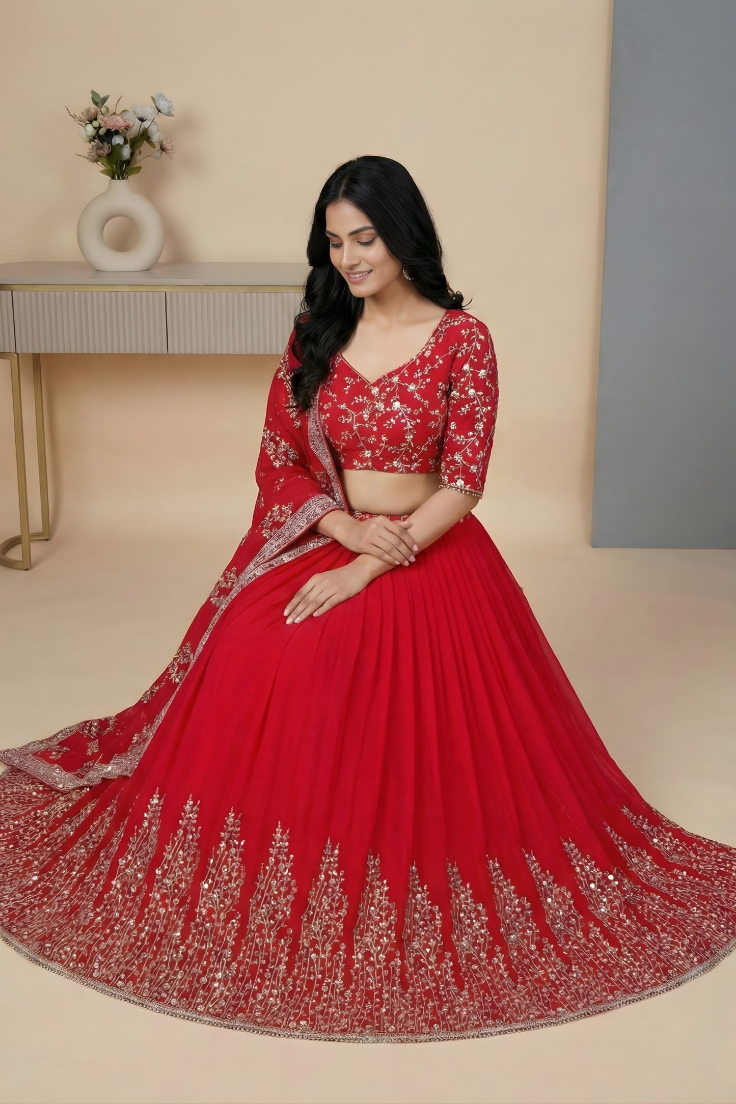 Designer Red Faux Georgette Embroidered Lehenga Choli with Dupatta for Wedding