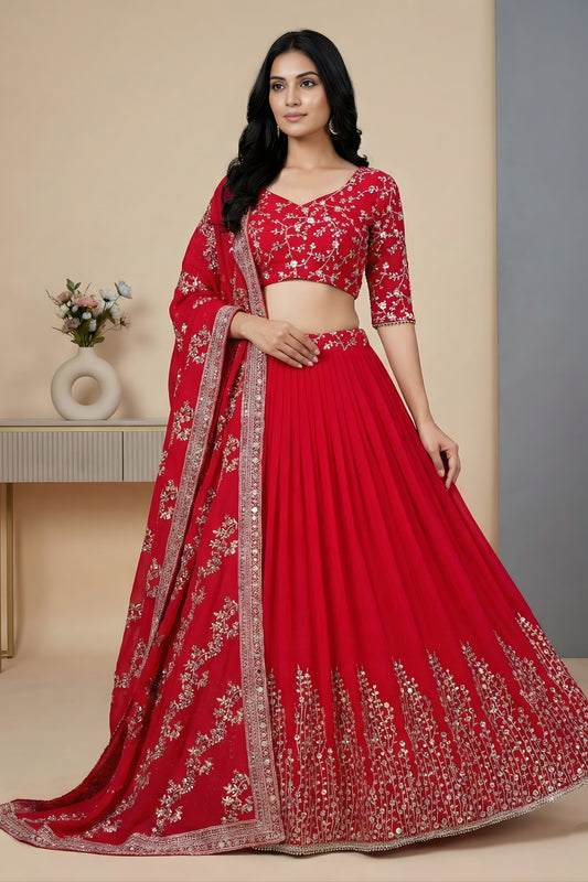 Designer Red Faux Georgette Embroidered Lehenga Choli with Dupatta for Wedding
