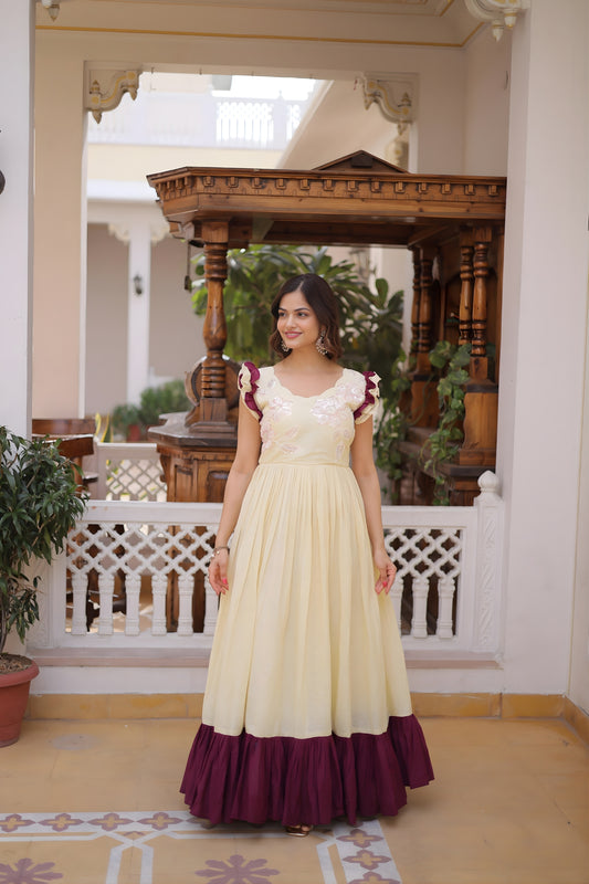 Stylish Off-White Cotton Embroidered Gown With Beads and Sequins Work