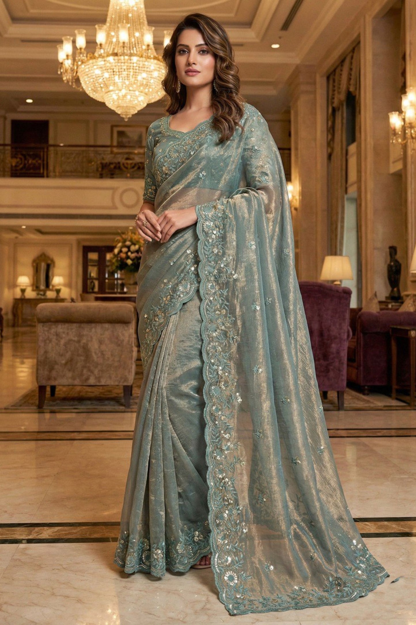 Sea Green Embroidered Net Saree with Designer Blouse Party Wear