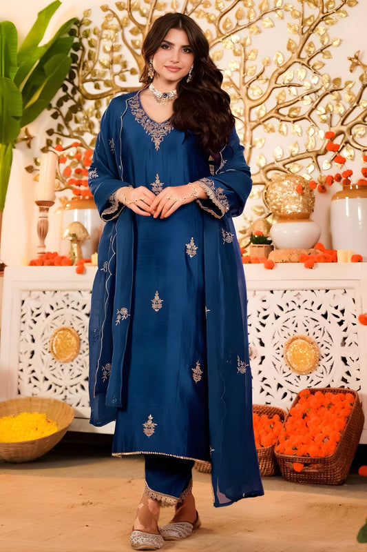 Glorious Navy Blue Embroidered Vichitra Silk Salwar Suit with Dupatta for Wedding