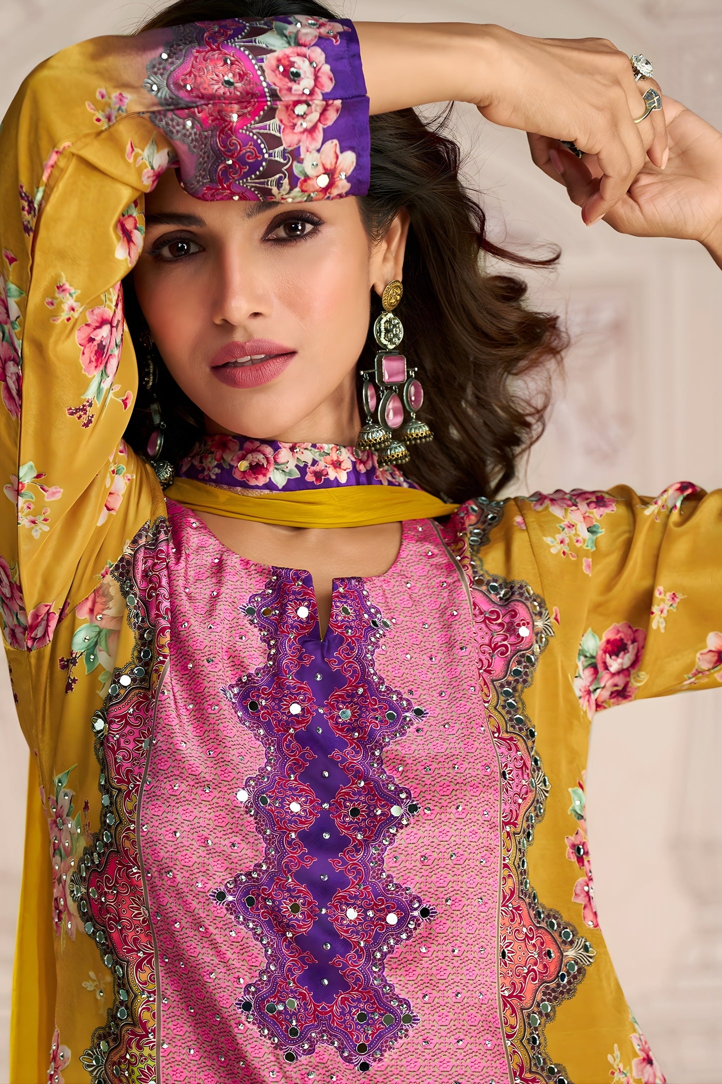 Elegant Mustard Yellow and Pink Embroidered Salwar Suit with Dupatta for Festive Wear