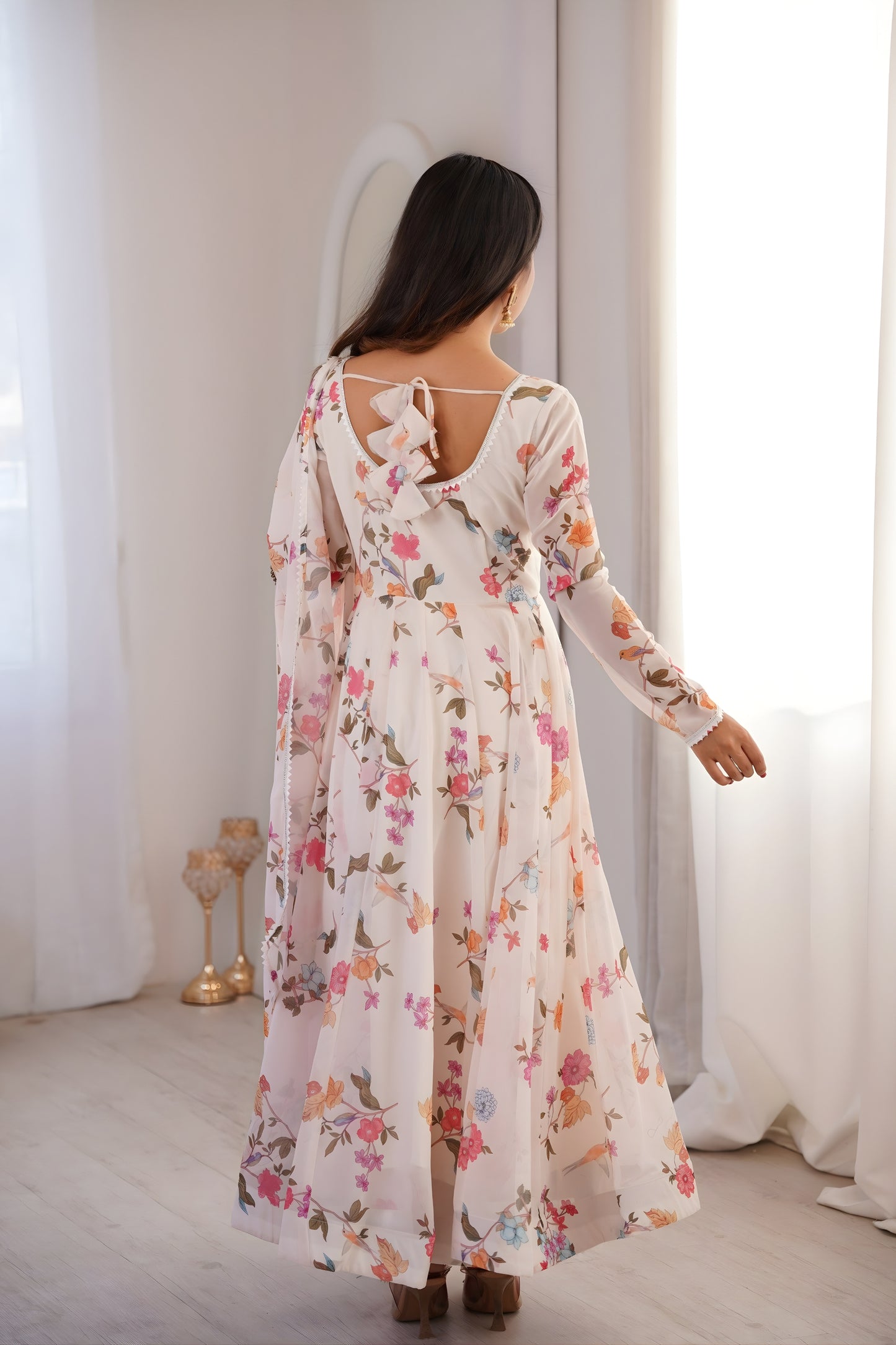 Fancy Off-White Floral Printed Georgette Anarkali Suit with Dupatta for Wedding