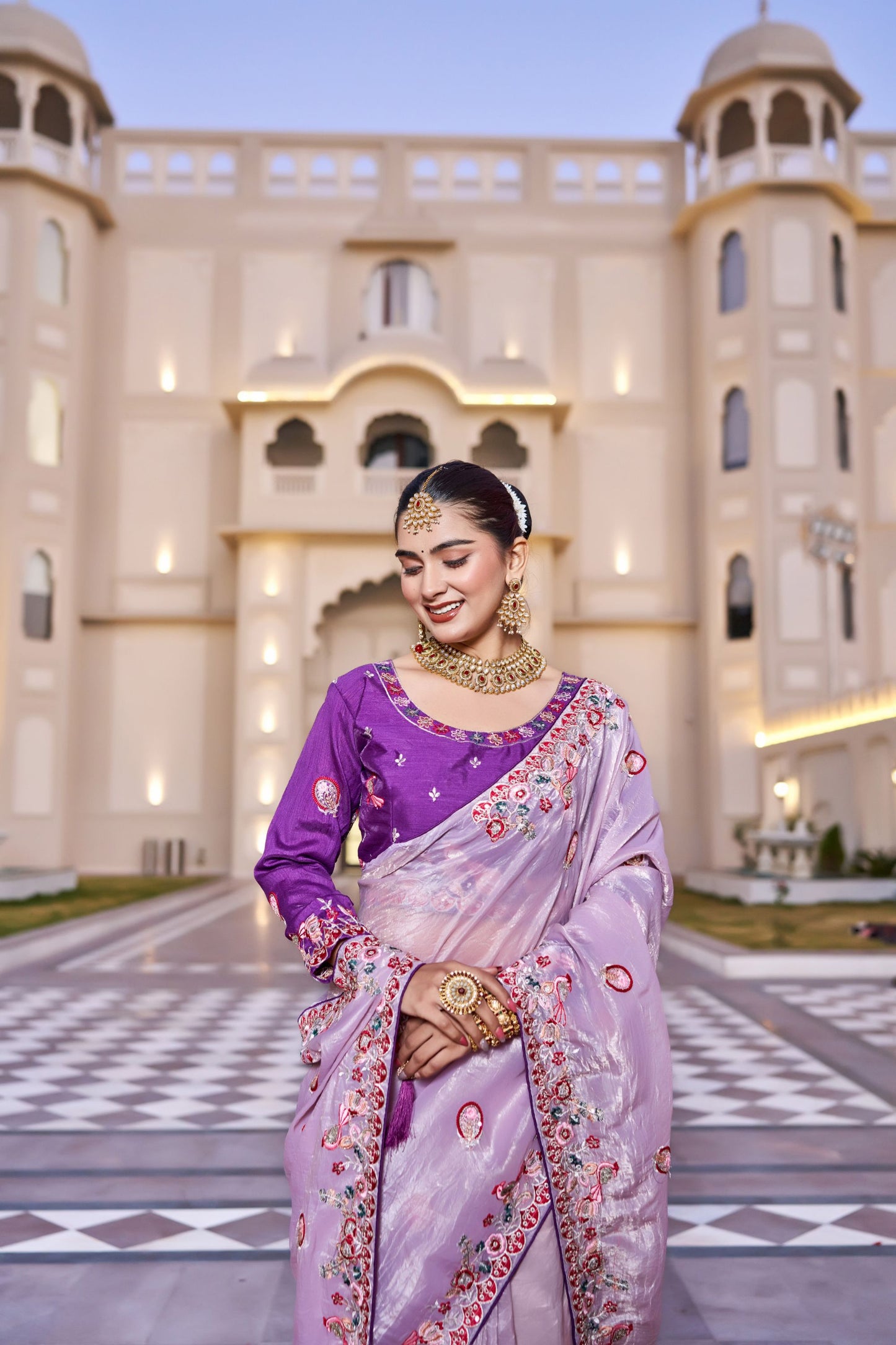 Lavender Silk Blend Saree with Embroidered Border Designer Blouse
