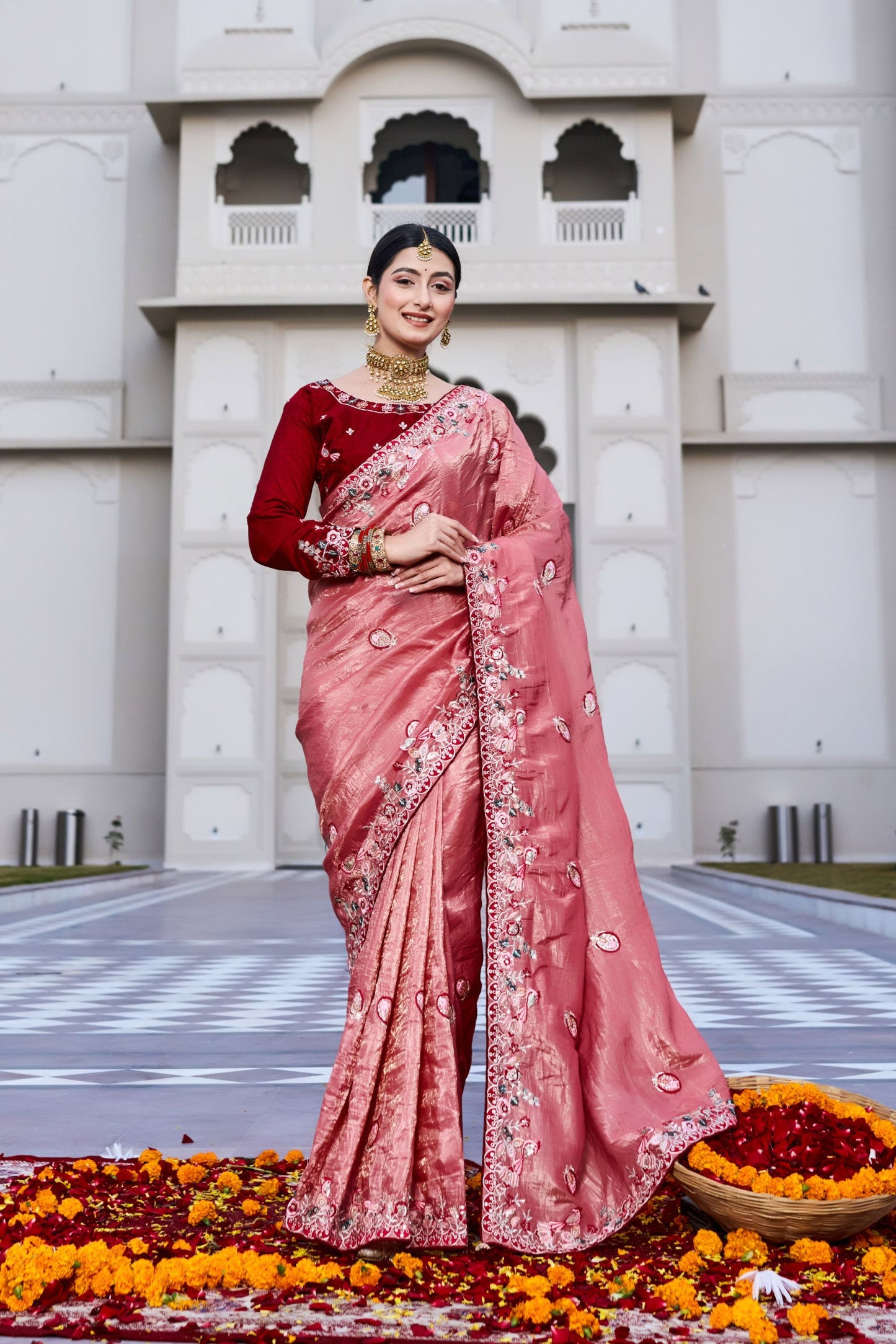 Peach Pink Embroidered Silk Blend Saree with Designer Border