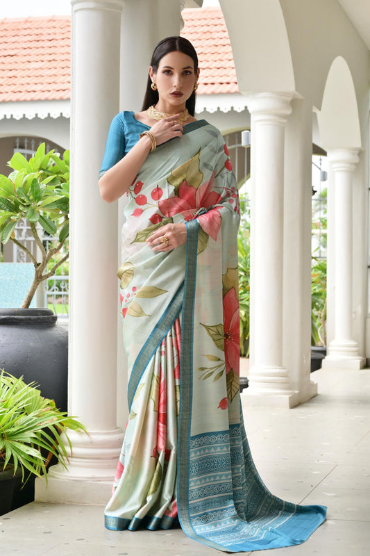 Mint Green Floral Printed Silk Blend Saree with Blue Woven Border