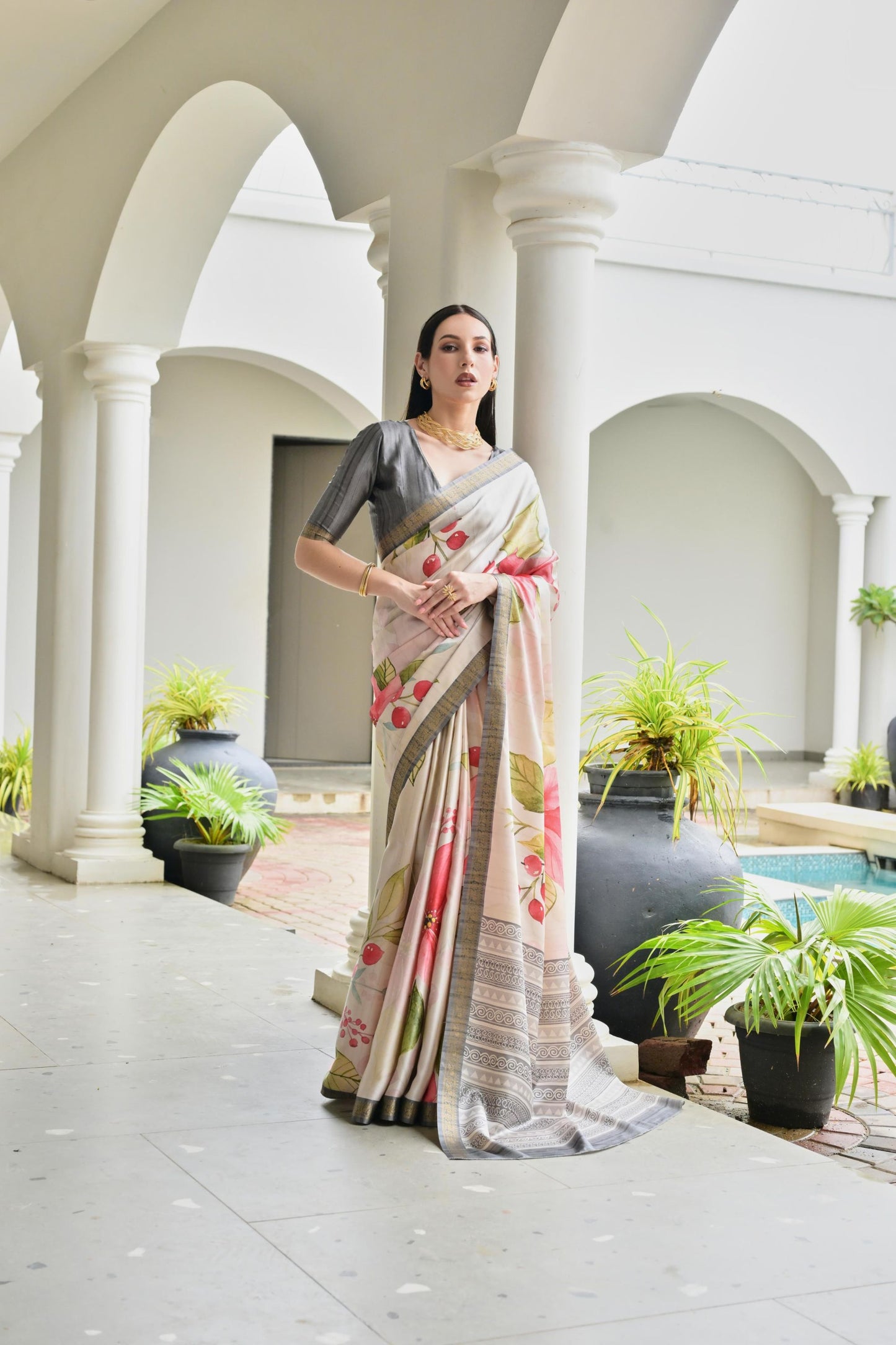 Cream Floral Cherry Print Soft Silk Saree with Designer Grey Border