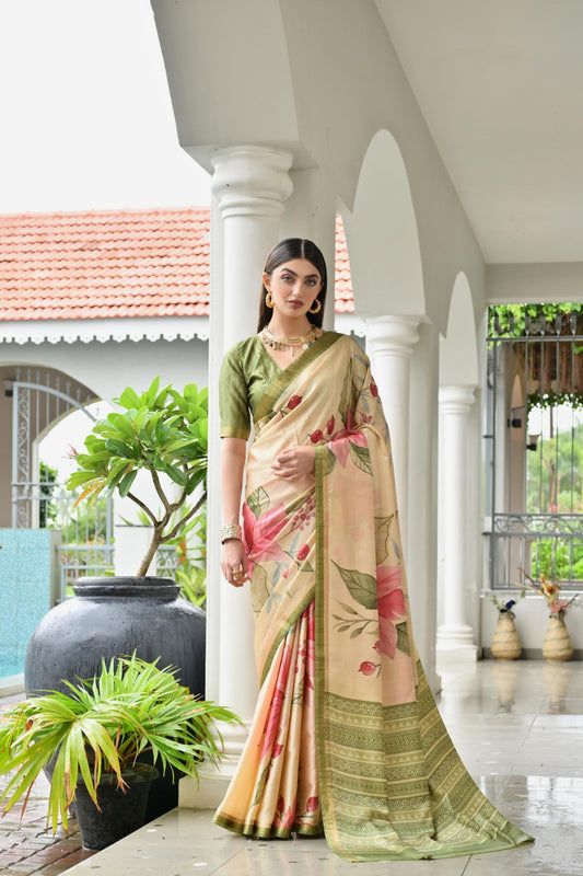 Cream Floral Printed Soft Silk Saree with Green Woven Border