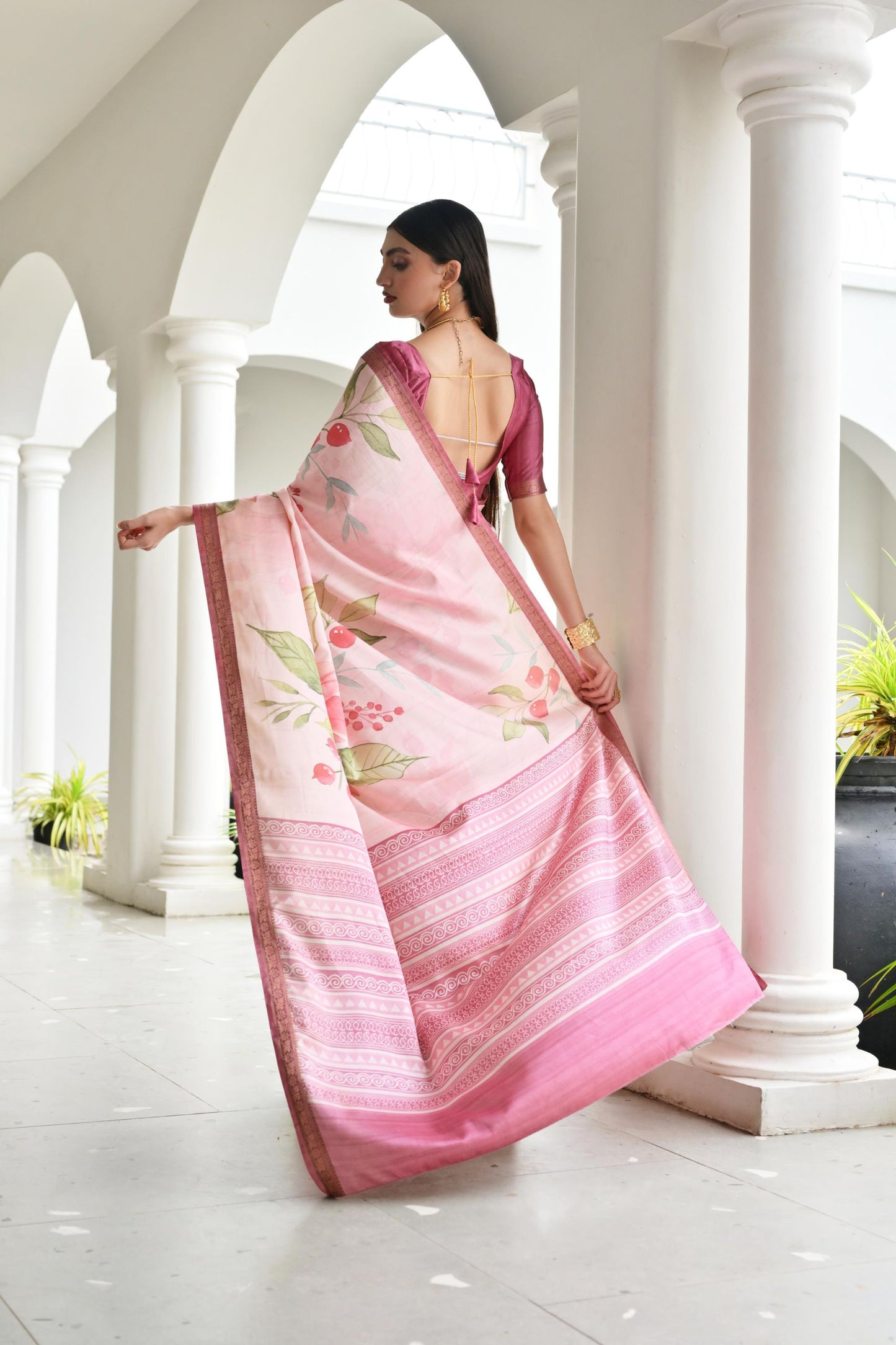 Pink Floral Printed Soft Silk Saree with Designer Woven Border