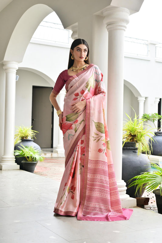 Pink Floral Printed Soft Silk Saree with Designer Woven Border