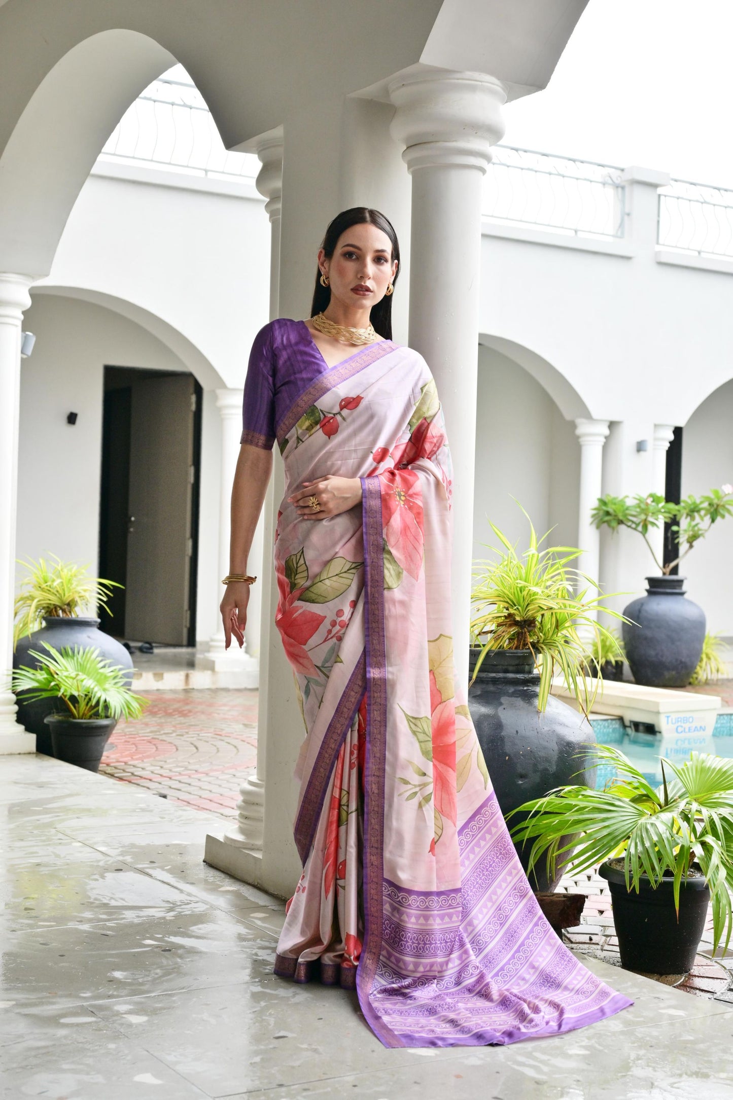 Lavender Floral Printed Soft Silk Saree with Purple Woven Border