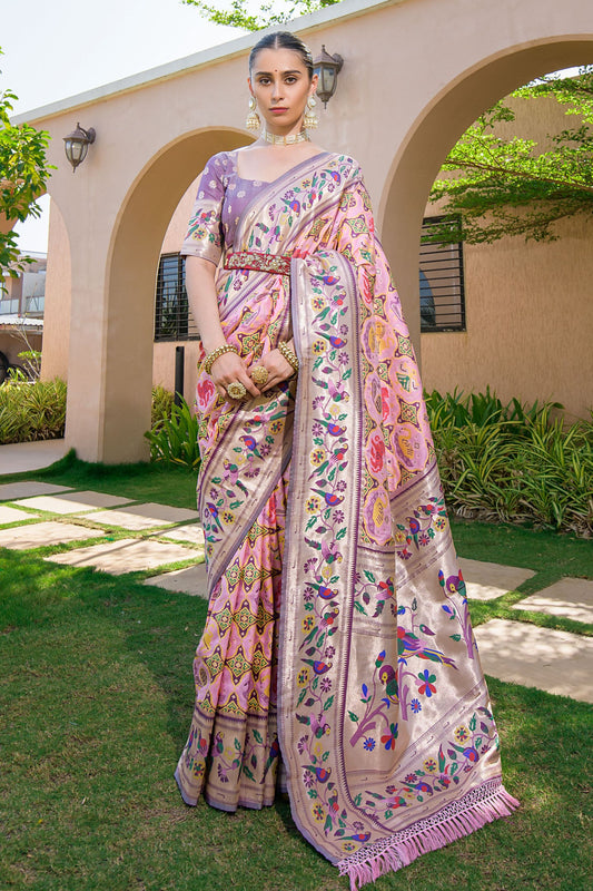 Lavender Pink Paithani Silk Saree Multicolor Floral Weaving Saree