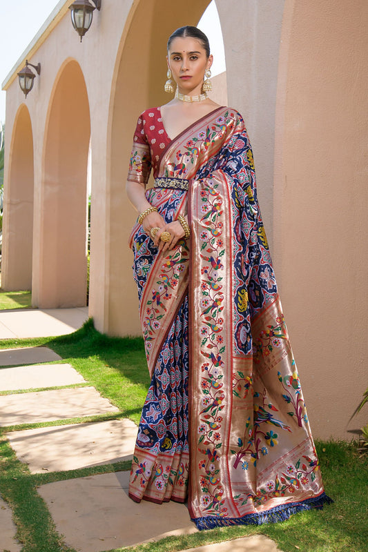 Royal Blue Red Paithani Silk Saree Multicolor Floral Weaving Saree