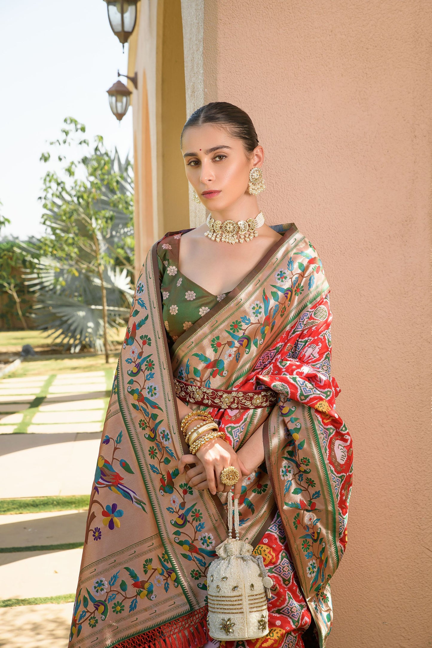 Red Gold Paithani Silk Saree Multicolor Bird and Floral Weaving Saree