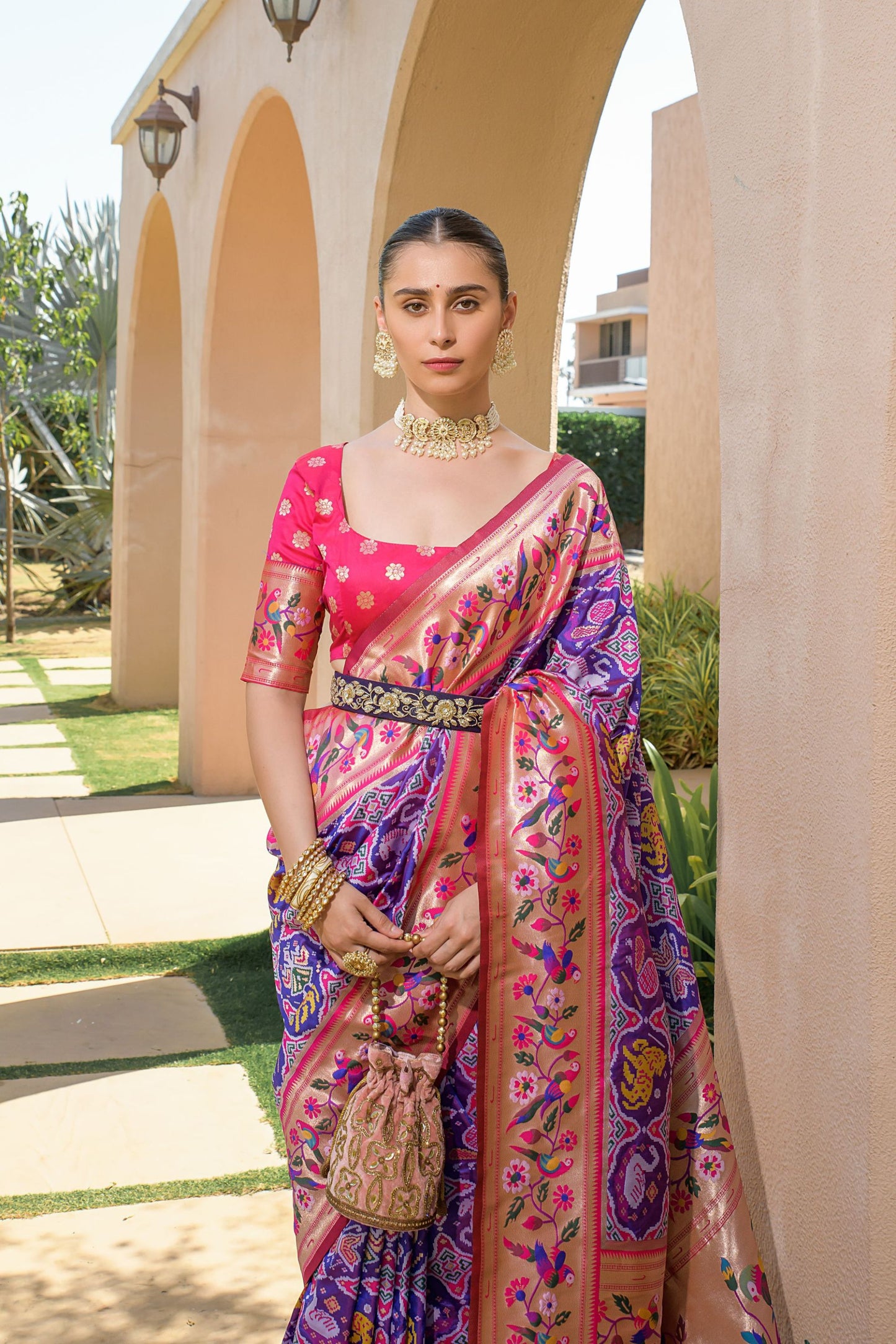 Purple Pink Paithani Silk Saree Peacock Floral Motifs Rich Zari Border