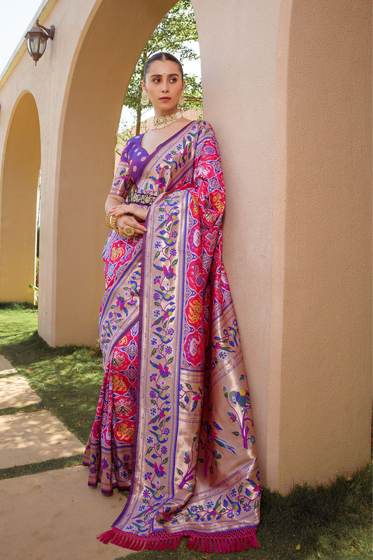 Rani Pink Purple Paithani Silk Saree Peacock Floral Motifs Rich Zari Border
