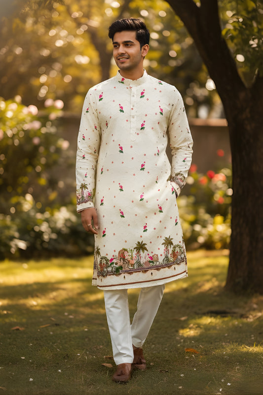Imperial Off-White Cotton Digital Printed Kurta with Floral Motifs For Wedding