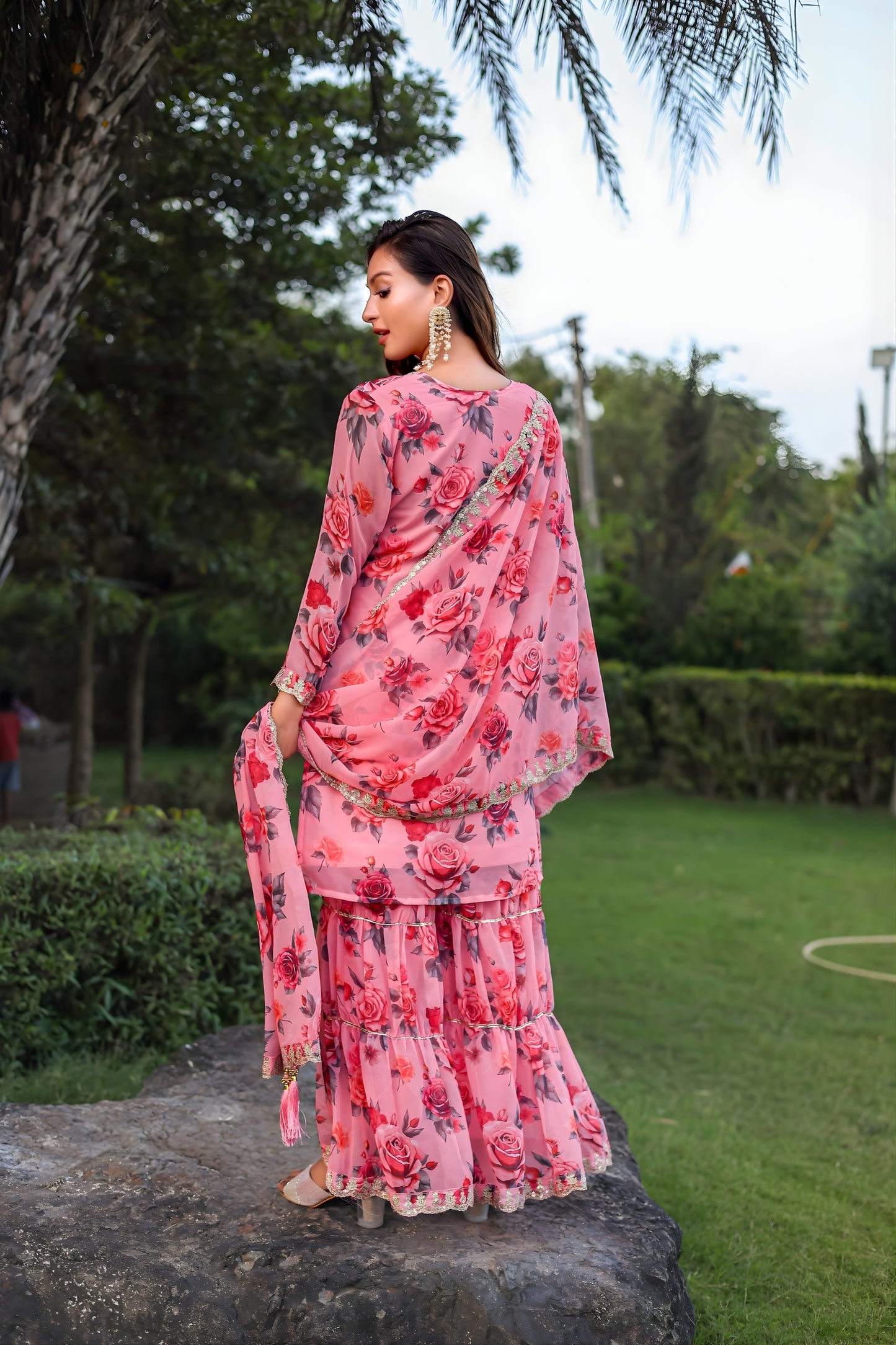 Lovely Pink Floral Printed Georgette Salwar Suit with Dupatta for Festive Wear