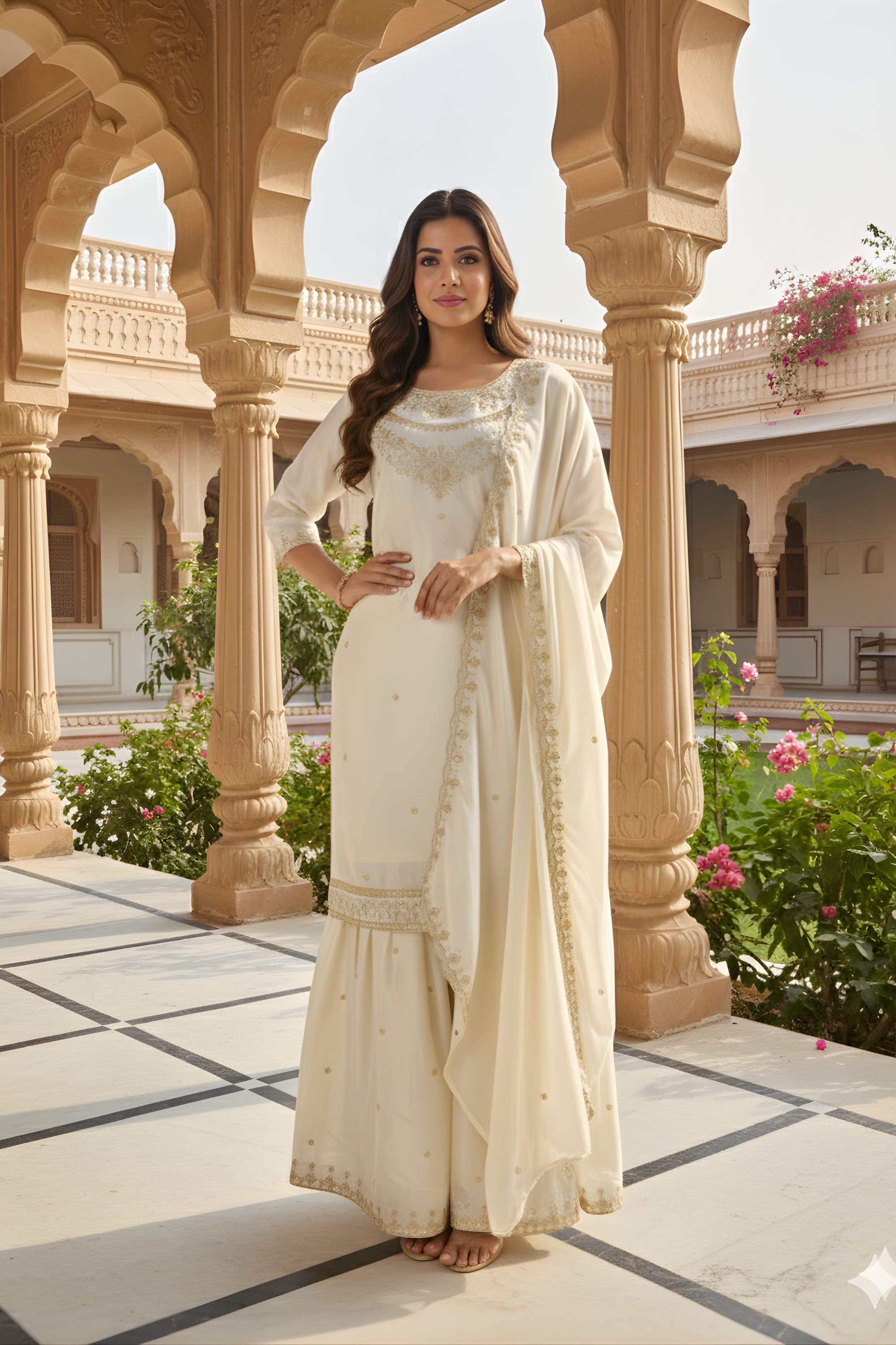 Superb White Embroidered Fendy Silk Sharara Suit with Dupatta for Wedd Mangaldeep NX Superb White Embroidered Fendy Silk Sharara Suit with Dupatta for Wedd Mangaldeep NX