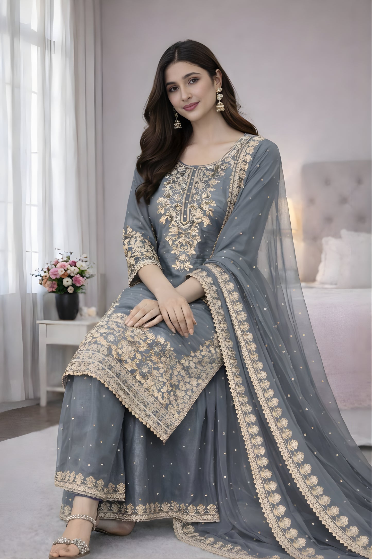 Stunning Grey Embroidered GMY Silk Salwar Suit with Dupatta for Wedding