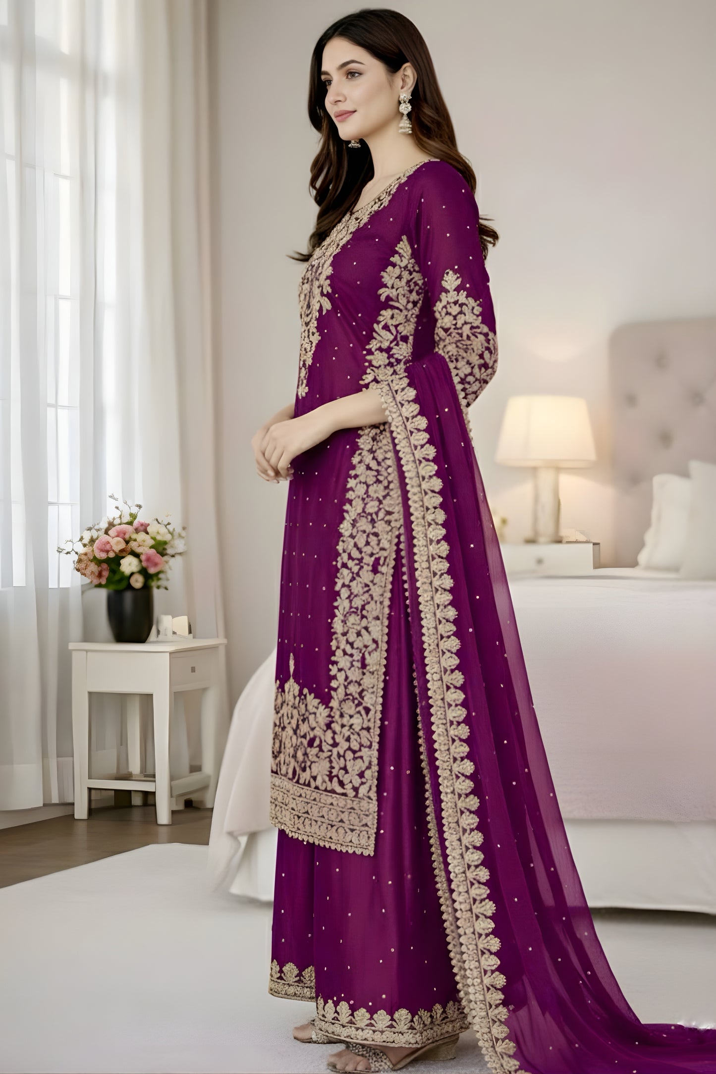 Premium Purple Embroidered GMY Silk Salwar Suit with Dupatta for Wedding