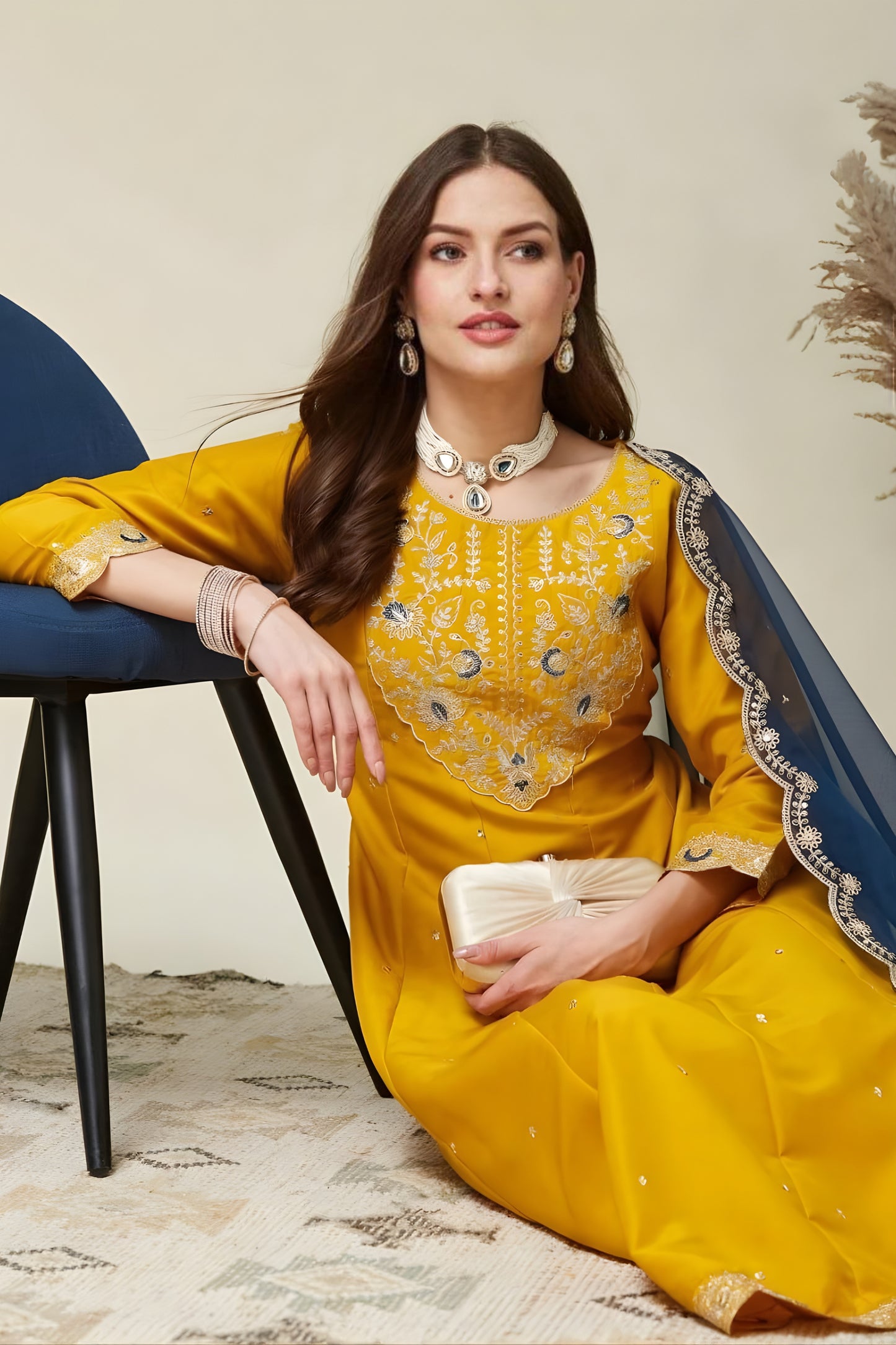 Elegant Mustard Yellow Embroidered Vichitra Silk Readymade Salwar Suit with Dupatta