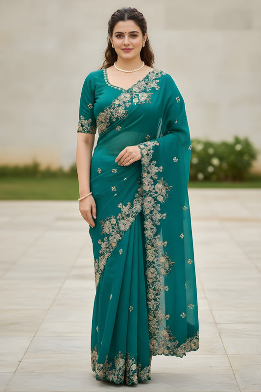 Trendy Teal Green Embroidered Fendy Chiffon Saree with Matching Blouse for Wedding