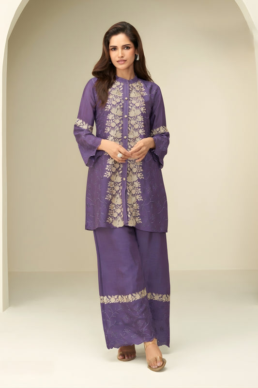 Pretty Purple Chinon Co-Ord Set with Embroidery for Party