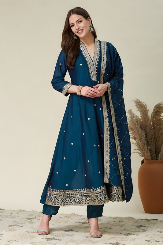 Gorgeous Teal Blue Embroidered Vichitra Silk Salwar Suit with Dupatta for Wedding