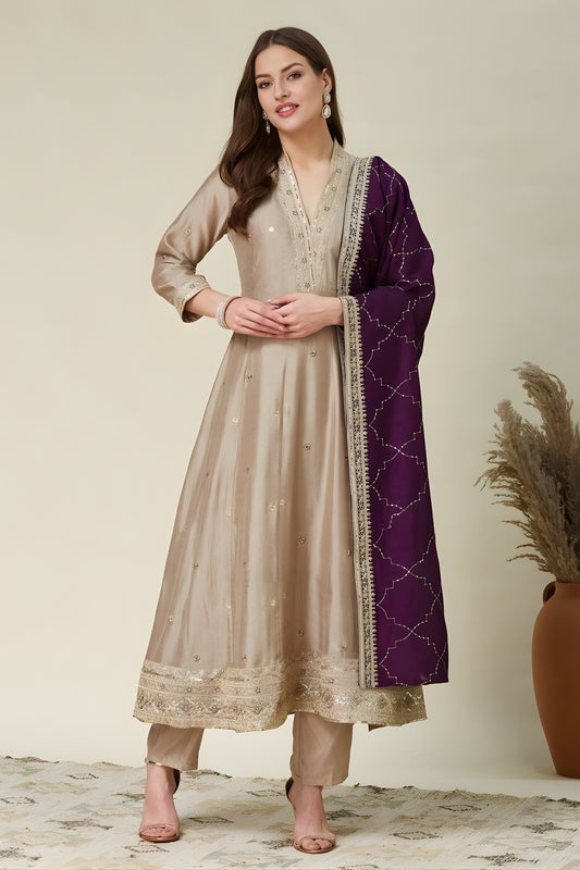 Royal Beige Embroidered Vichitra Silk Salwar Suit with Purple Dupatta for Wedding