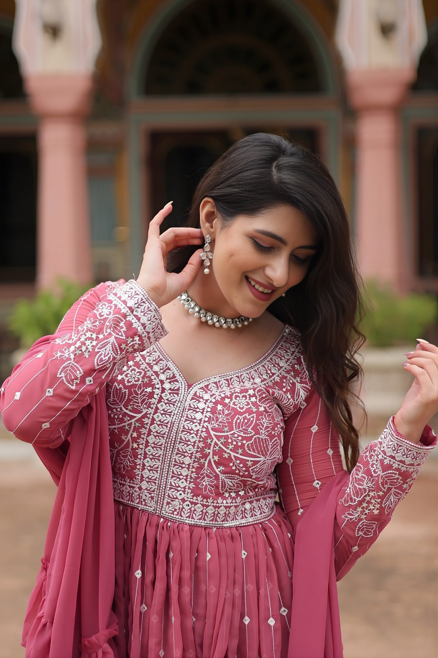 Beautiful Pink Embroidered Faux Georgette Anarkali Salwar Suit with Dupatta for Wedding