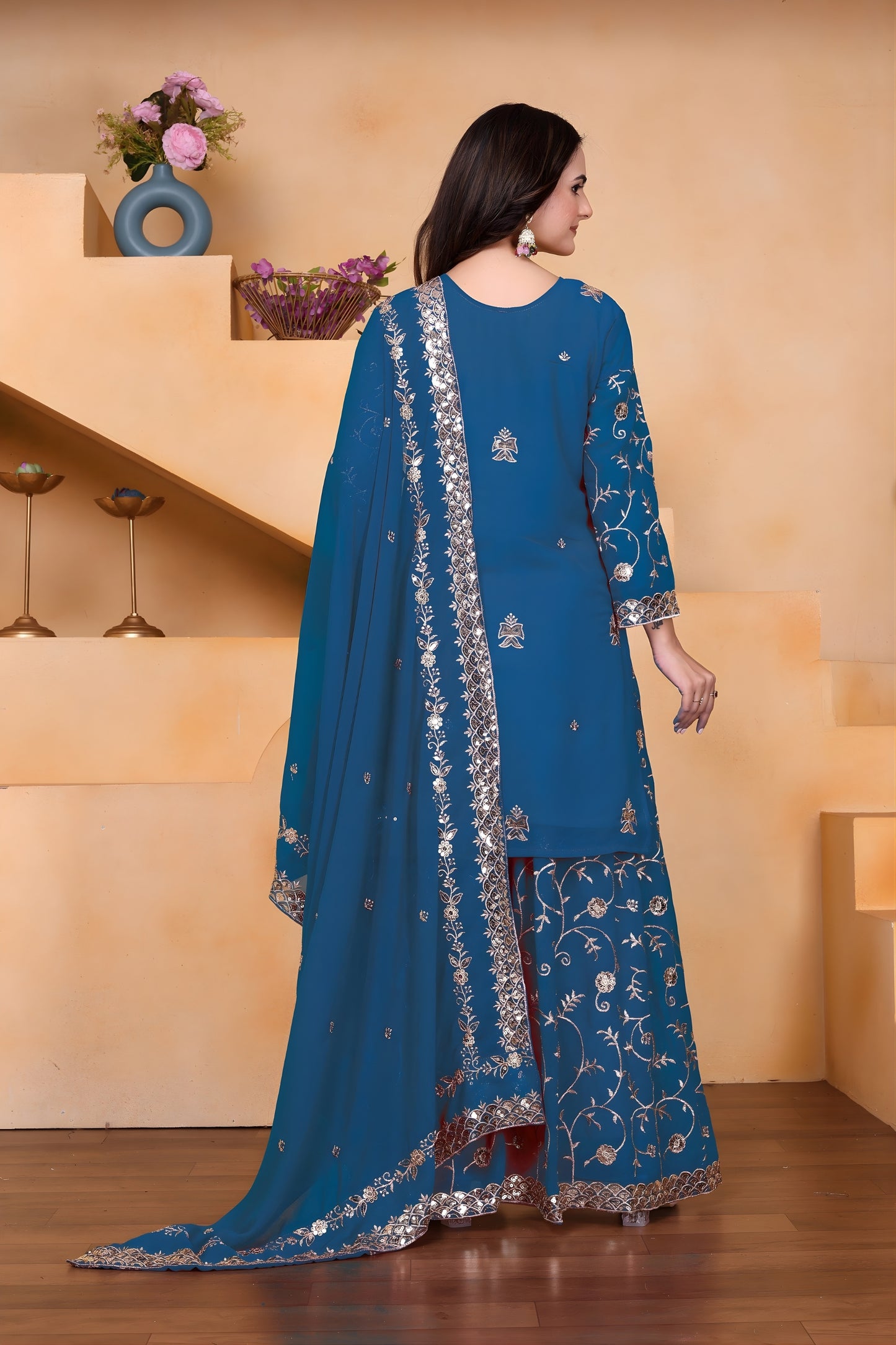Royal Teal Blue Embroidered Faux Georgette Palazzo Suit with Dupatta for Wedding