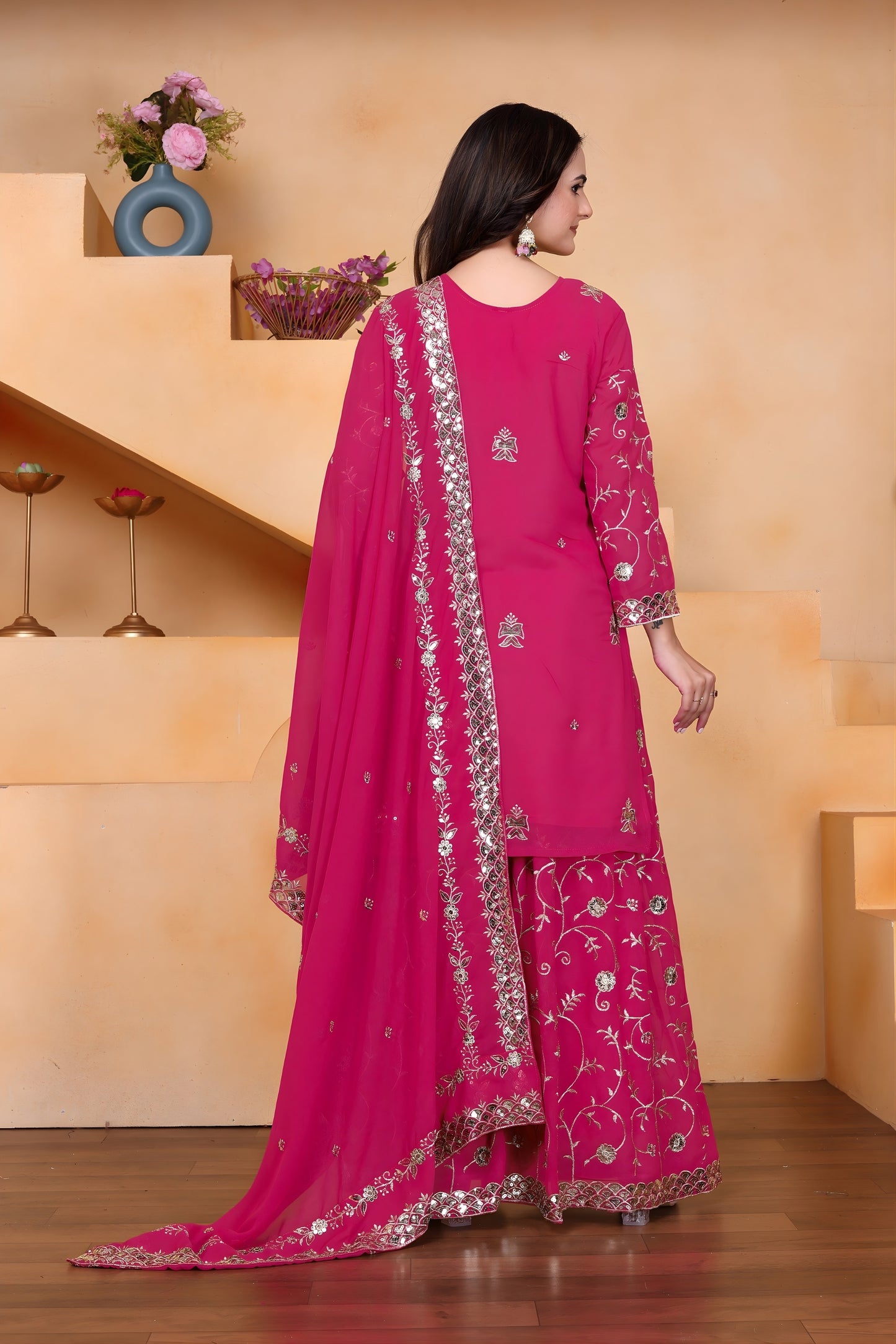 Stunning Rani Pink Embroidered Faux Georgette Palazzo Suit with Dupatta for Wedding