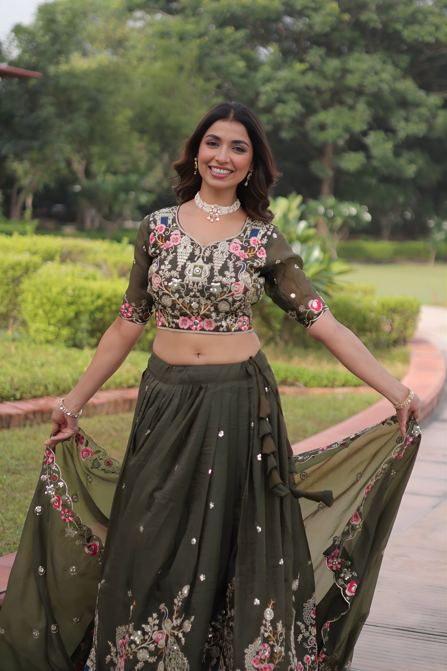 Designer Olive Green Gold Crush Floral Embroidered Lehenga Choli with Dupatta for Wedding