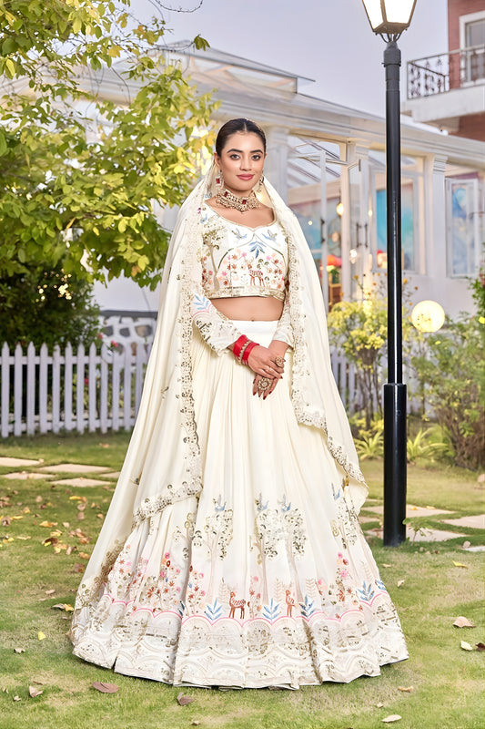 Delicate White Embroidered Vichitra Silk Lehenga Choli Set with Dupatta for Wedding