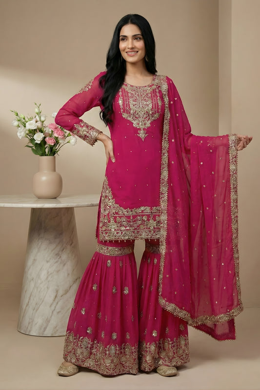 Stunning Rani Pink Embroidered Faux Georgette Palazzo Suit with Dupatta for Wedding