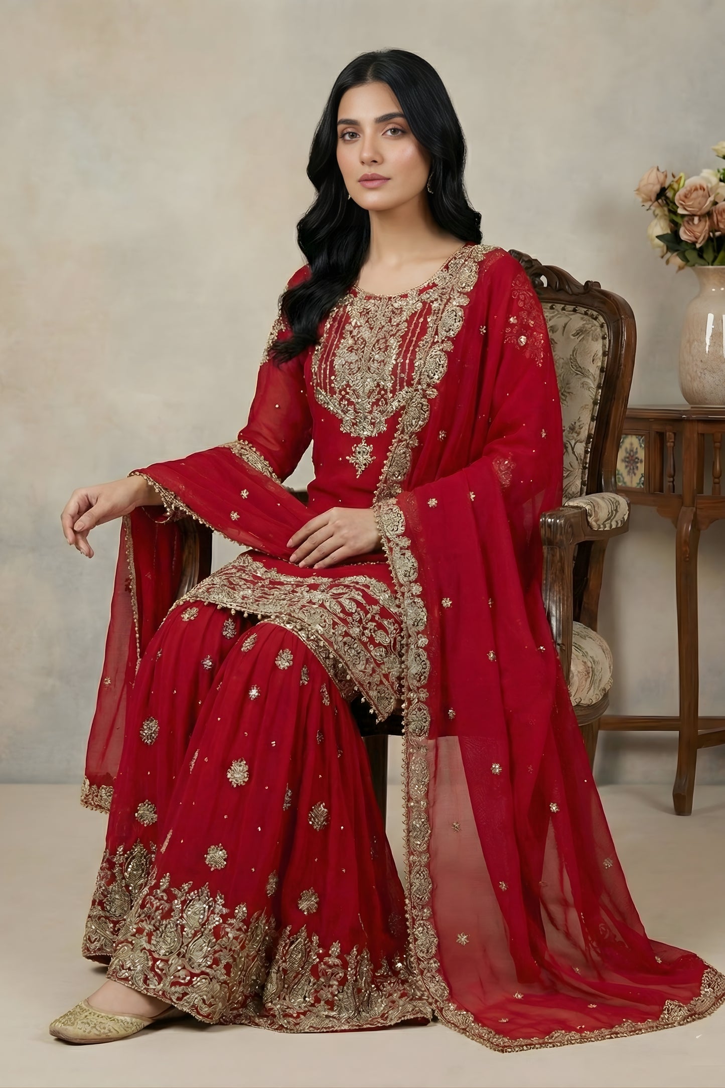 Excellent Red Embroidered Faux Georgette Palazzo Suit with Dupatta for Wedding