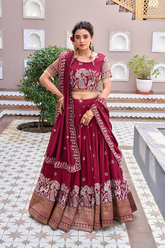 Royal Maroon Heavy Embroidered Vichitra Silk Lehenga Choli with Dupatta for Wedding