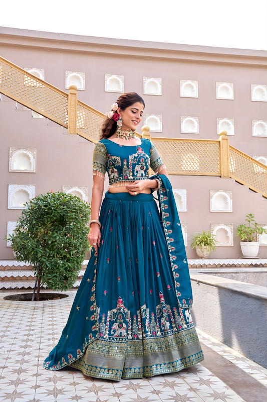Designer Teal Green Heavy Embroidered Vichitra Silk Lehenga Choli with Dupatta for Wedding