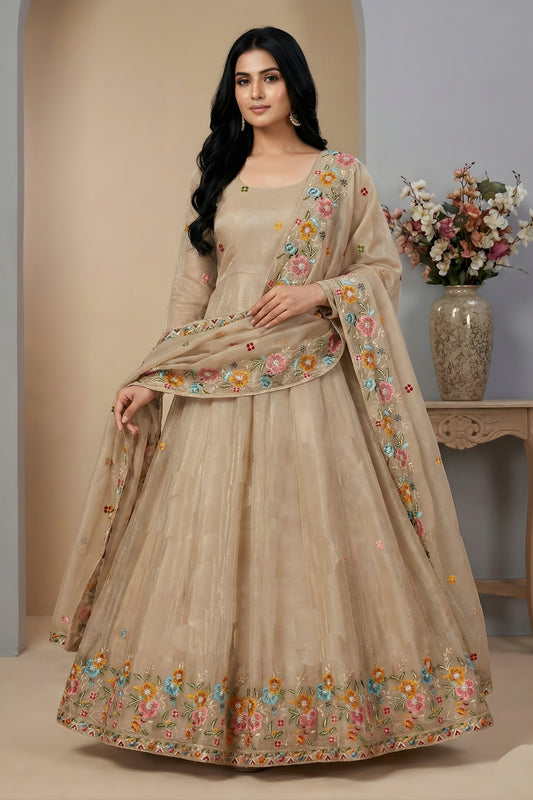 Elegant Beige Crunchy Silk Floral Embroidered Anarkali Salwar Suit with Dupatta