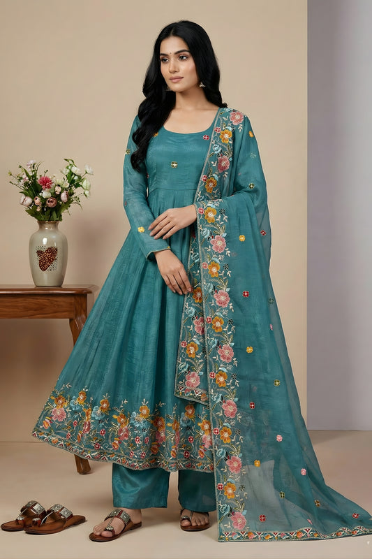 Fancy Teal Blue Crunchy Silk Embroidered Anarkali Suit with Floral Dupatta