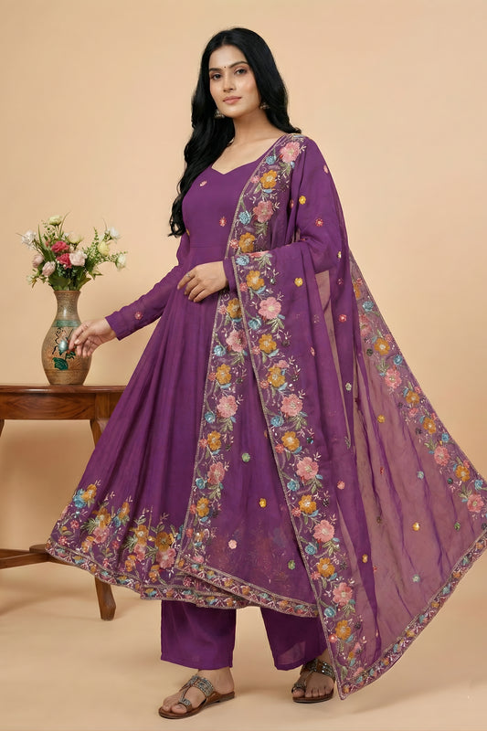 Perfect Purple Crunchy Silk Embroidered Anarkali Suit with Floral Dupatta