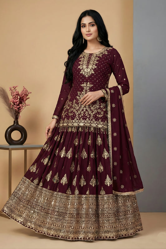 Stylish Maroon Chinon Silk Embroidered Wedding Lehenga Choli with Dupatta