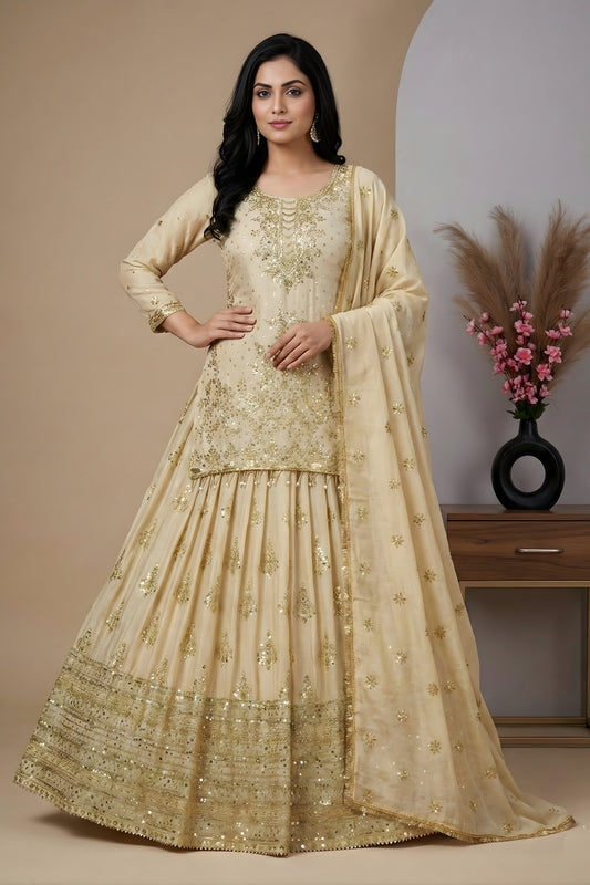 Amazing Beige Chinon Silk Embroidered Wedding Lehenga Choli with Dupatta