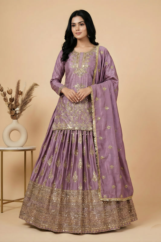 Lovely Lavender Chinon Silk Embroidered Wedding Lehenga Choli with Dupatta