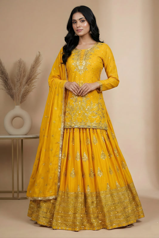 Fantastic Yellow Chinon Silk Embroidered Wedding Lehenga Choli with Dupatta
