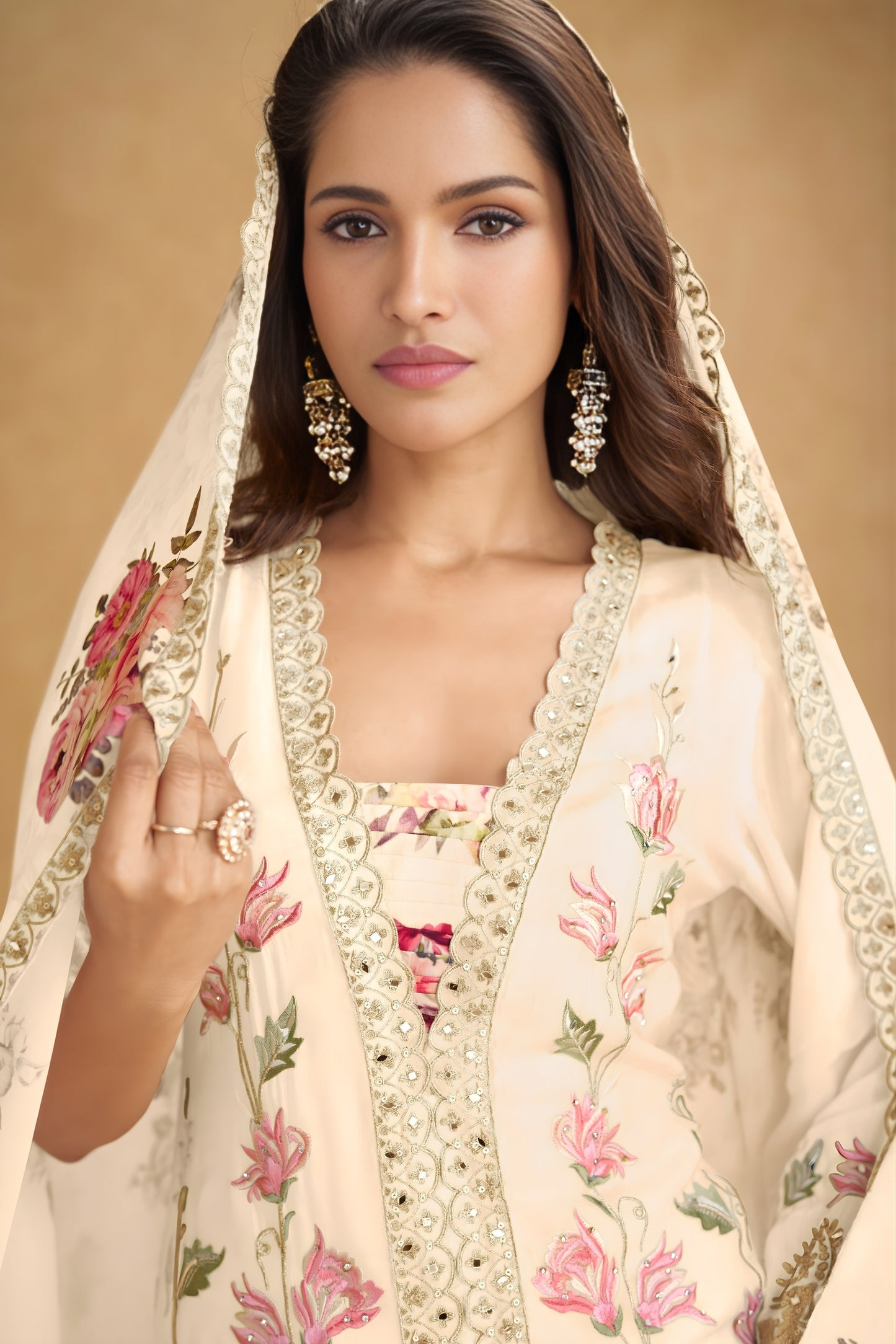 Stylish Cream Floral Embroidered Chinon Wedding Wear Palazzo Suit with Dupatta