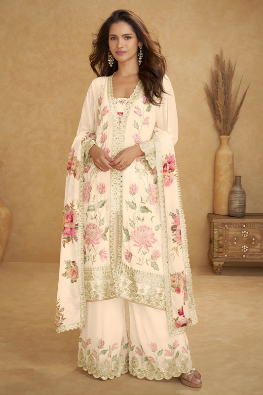Stylish Cream Floral Embroidered Chinon Wedding Wear Palazzo Suit with Dupatta